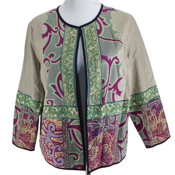 Peck & Peck Blazer Jacket Womens Size L Tan Print Open Front Linen Blend - Picture 1 of 7